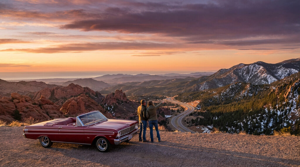 Classic red convertible and two travelers overlook a vast American landscape with red rocks, snowy mountains, and ocean at golden hour.