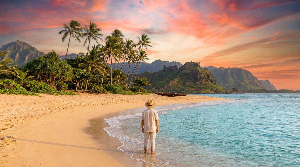 Personne en chapeau sur une plage de sable fin à Hawaï, face à un coucher de soleil rose-orange, palmiers et montagnes.