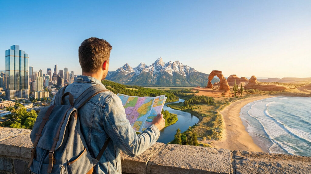 Un homme avec une carte et un sac à dos contemple un panorama composite des États-Unis: ville, montagnes, désert, plage.