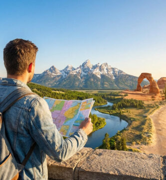 Un homme avec une carte et un sac à dos contemple un panorama composite des États-Unis: ville, montagnes, désert, plage.