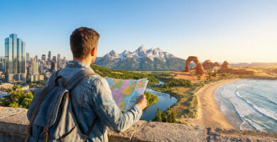 Un homme avec une carte et un sac à dos contemple un panorama composite des États-Unis: ville, montagnes, désert, plage.