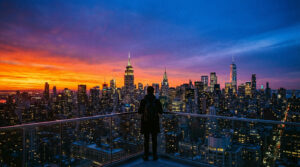 Vue aérienne de New York au crépuscule. Un homme de dos sur un balcon admire la skyline illuminée avec un ciel orange et bleu intense.