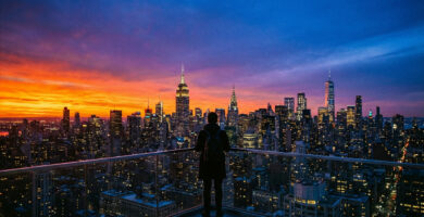 Vue aérienne de New York au crépuscule. Un homme de dos sur un balcon admire la skyline illuminée avec un ciel orange et bleu intense.
