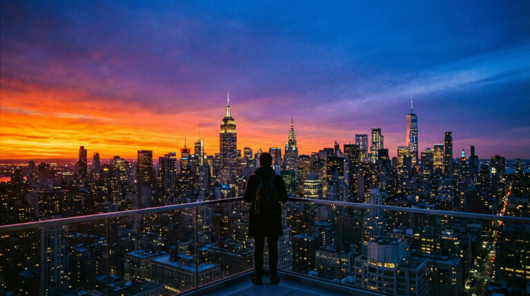 Vue aérienne de New York au crépuscule. Un homme de dos sur un balcon admire la skyline illuminée avec un ciel orange et bleu intense.