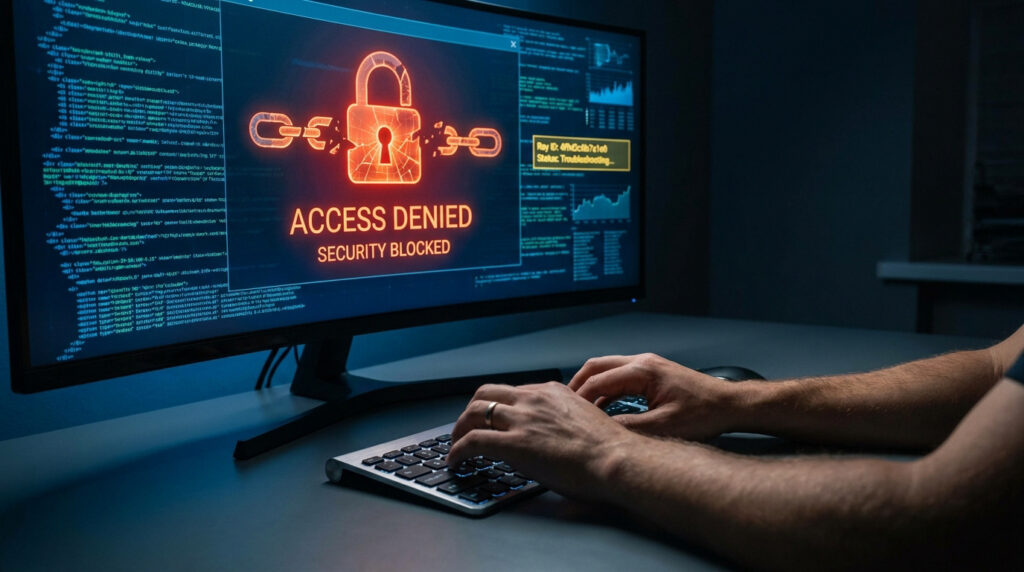 Un écran d'ordinateur affiche un message "Access Denied" avec une icône de cadenas brisé sur fond de lignes de code.