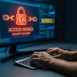 Un écran d'ordinateur affiche un message "Access Denied" avec une icône de cadenas brisé sur fond de lignes de code.