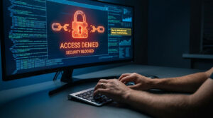 Un écran d'ordinateur affiche un message "Access Denied" avec une icône de cadenas brisé sur fond de lignes de code.