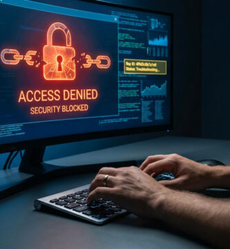Un écran d'ordinateur affiche un message "Access Denied" avec une icône de cadenas brisé sur fond de lignes de code.