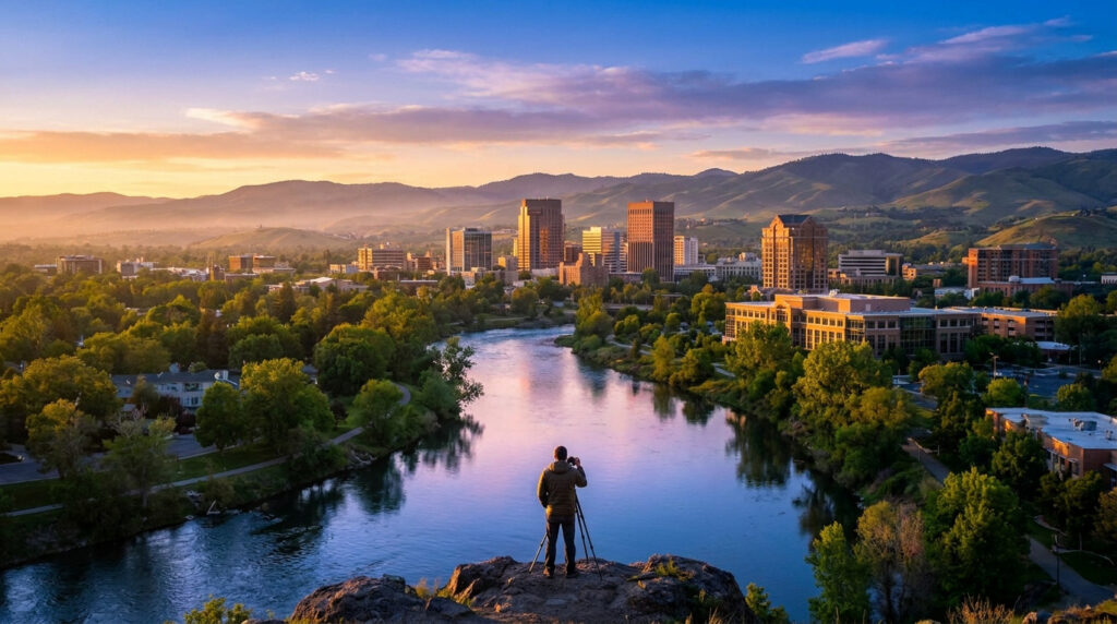 Un photographe capturant la vue panoramique de Boise et de la rivière Boise au coucher du soleil.