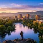 Un photographe capturant la vue panoramique de Boise et de la rivière Boise au coucher du soleil.