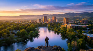 Un photographe capturant la vue panoramique de Boise et de la rivière Boise au coucher du soleil.