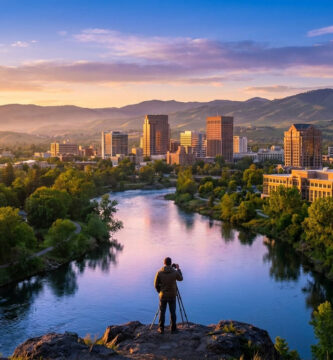 Un photographe capturant la vue panoramique de Boise et de la rivière Boise au coucher du soleil.