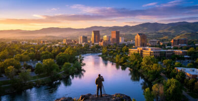 Un photographe capturant la vue panoramique de Boise et de la rivière Boise au coucher du soleil.
