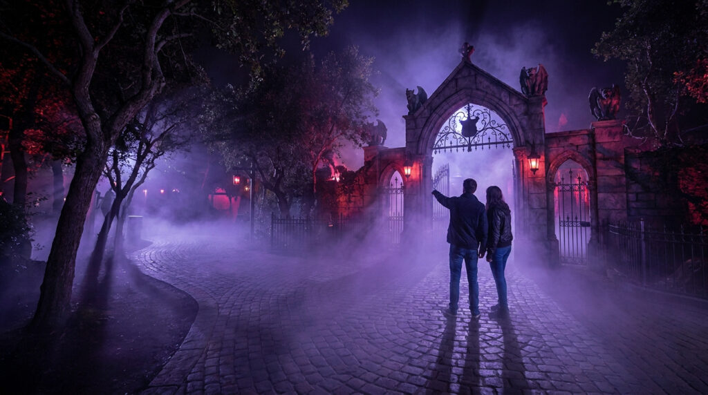 Un couple contemple un portail gothique brumeux lors d'une soirée Halloween Horror Nights.