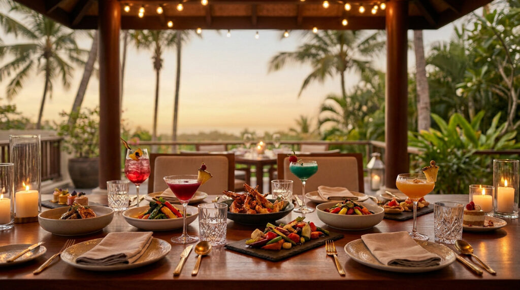 Table dressée pour un dîner gastronomique avec vue sur les palmiers au coucher du soleil au Majestic Mirage Costa.