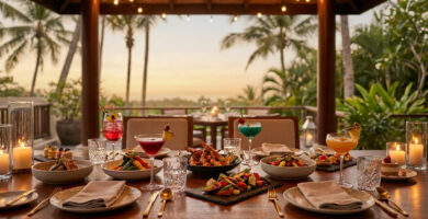 Table dressée pour un dîner gastronomique avec vue sur les palmiers au coucher du soleil au Majestic Mirage Costa.