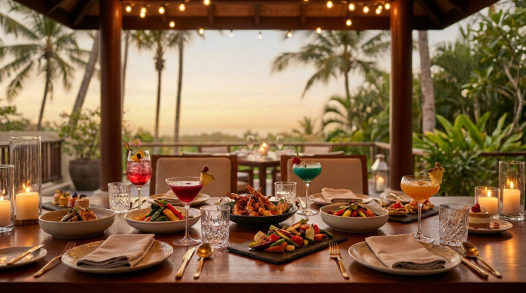Table dressée pour un dîner gastronomique avec vue sur les palmiers au coucher du soleil au Majestic Mirage Costa.