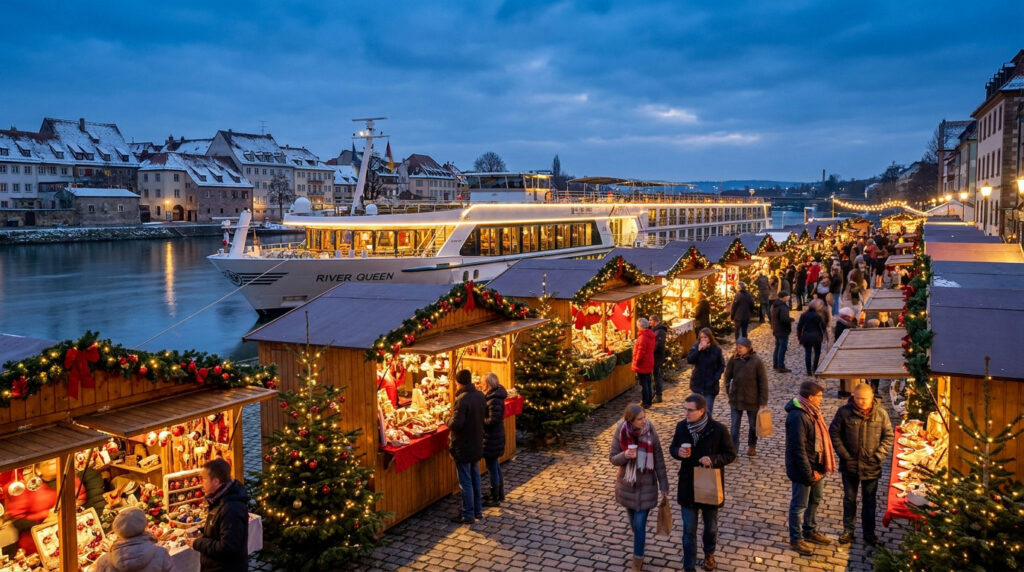 Un marché de Noël animé le long d'une rivière avec un bateau de croisière illuminé au crépuscule en arrière-plan.