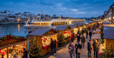 Un marché de Noël animé le long d'une rivière avec un bateau de croisière illuminé au crépuscule en arrière-plan.