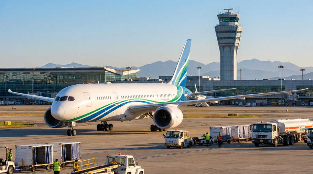 Un avion Boeing 787 Dreamliner circule sur le tarmac d'un aéroport près d'une tour de contrôle par une journée ensoleillée.