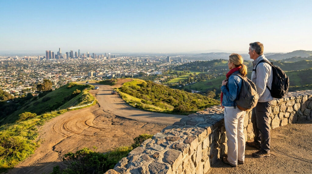 Un couple de randonneurs regarde le panorama urbain de Los Angeles depuis une colline surplombant la ville.