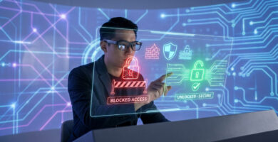 Un expert en cybersécurité manipulant une interface holographique pour débloquer un accès sécurisé.