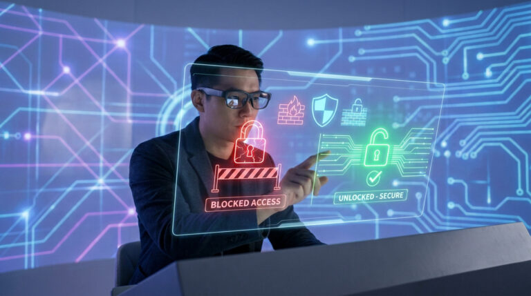 Un expert en cybersécurité manipulant une interface holographique pour débloquer un accès sécurisé.
