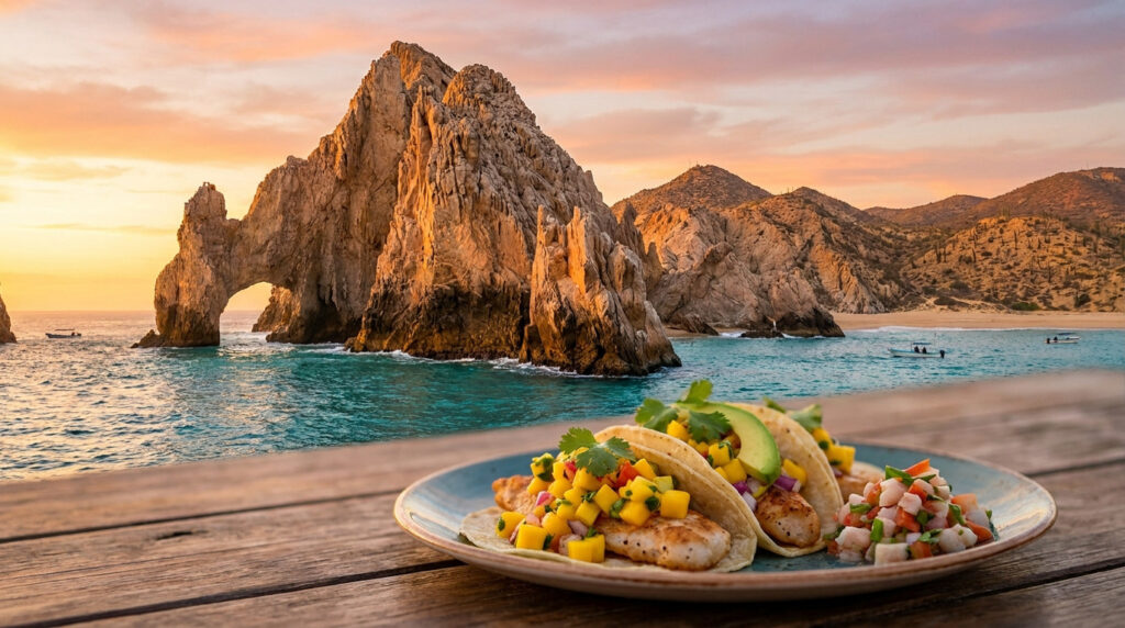 Assiette de tacos au poisson avec salsa à la mangue face à l'arche emblématique de Los Cabos au coucher du soleil.