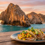 Assiette de tacos au poisson avec salsa à la mangue face à l'arche emblématique de Los Cabos au coucher du soleil.