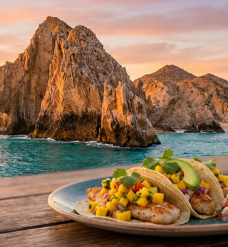 Assiette de tacos au poisson avec salsa à la mangue face à l'arche emblématique de Los Cabos au coucher du soleil.