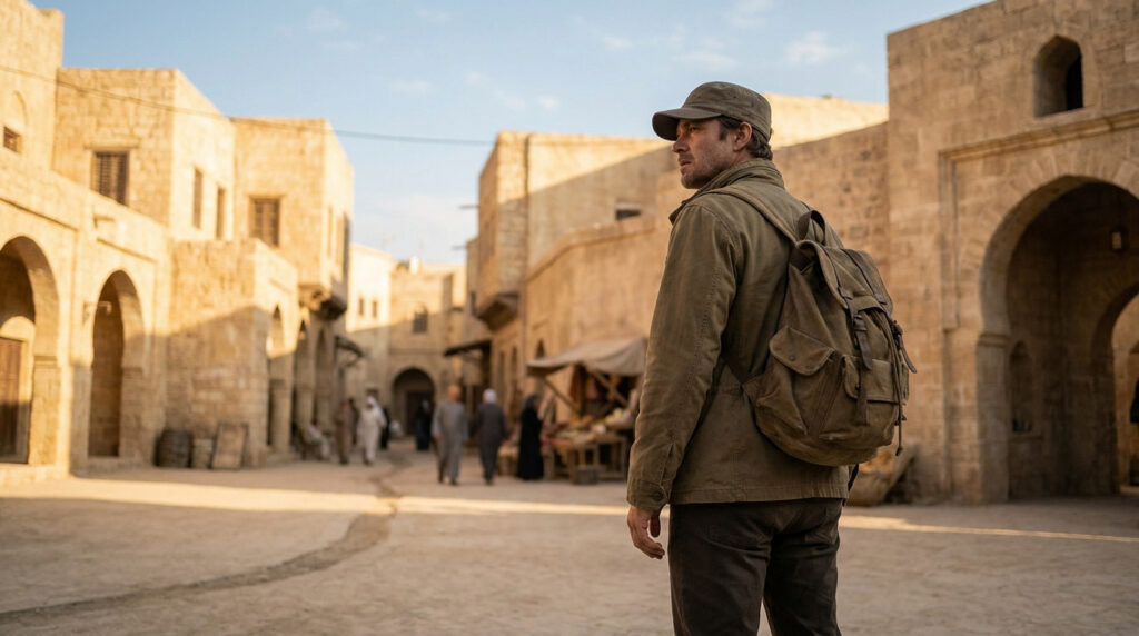 Un voyageur avec un sac à dos explore une rue historique en pierre au Moyen-Orient.