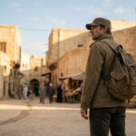 Un voyageur avec un sac à dos explore une rue historique en pierre au Moyen-Orient.