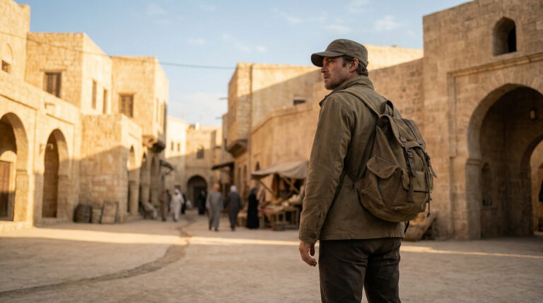 Un voyageur avec un sac à dos explore une rue historique en pierre au Moyen-Orient.