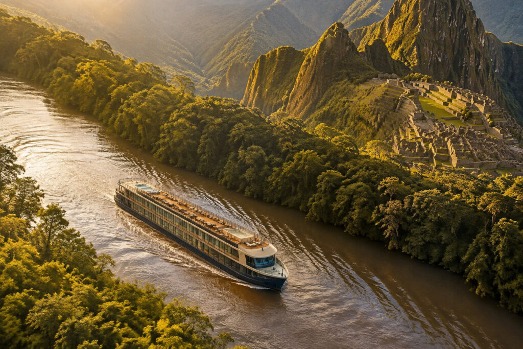 Un navire de croisière fluviale AmaWaterways naviguant sur une rivière au pied des ruines du Machu Picchu au Pérou.