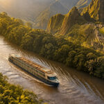 Un navire de croisière fluviale AmaWaterways naviguant sur une rivière au pied des ruines du Machu Picchu au Pérou.