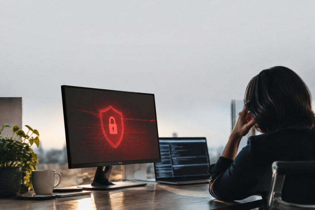Une personne travaillant sur ordinateur face à une alerte de cybersécurité affichant un bouclier rouge avec un cadenas.
