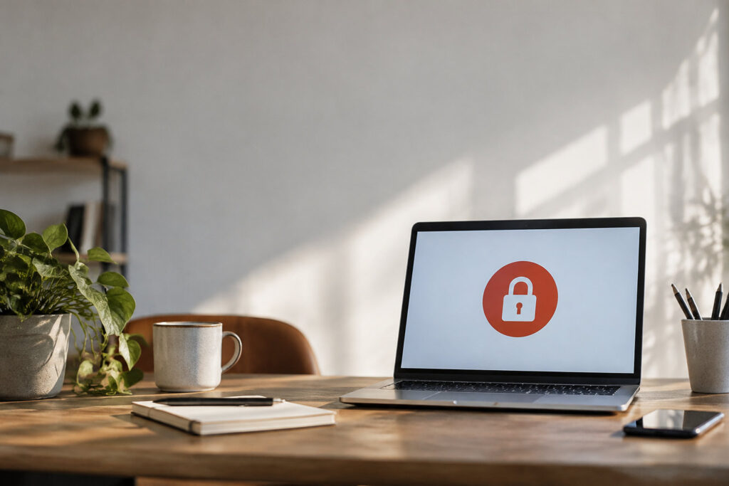 Un ordinateur portable ouvert sur un bureau affiche une icône de cadenas rouge symbolisant un accès bloqué ou sécurisé.