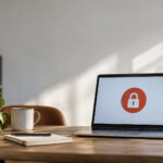 Un ordinateur portable ouvert sur un bureau affiche une icône de cadenas rouge symbolisant un accès bloqué ou sécurisé.