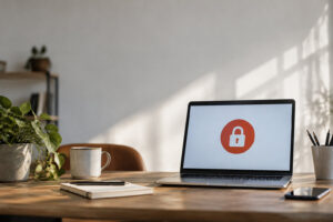 Un ordinateur portable ouvert sur un bureau affiche une icône de cadenas rouge symbolisant un accès bloqué ou sécurisé.