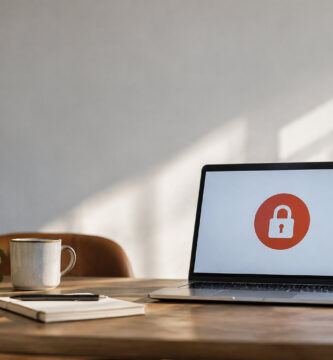 Un ordinateur portable ouvert sur un bureau affiche une icône de cadenas rouge symbolisant un accès bloqué ou sécurisé.
