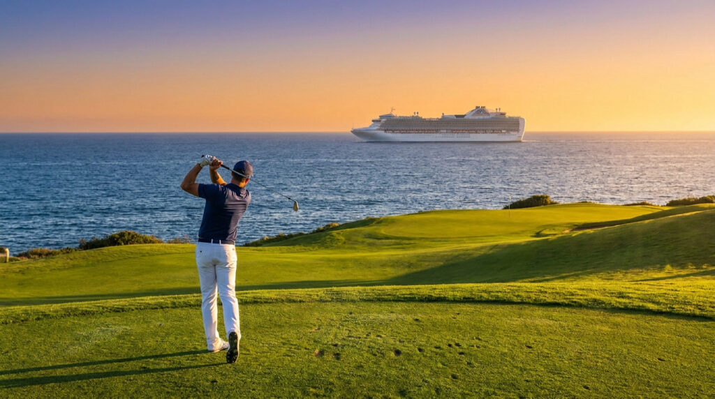 Un golfeur effectue un swing sur un terrain côtier au coucher du soleil avec un navire de croisière en arrière-plan.