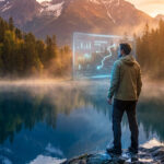 Un randonneur regarde un écran holographique affichant des données de voyage durable devant un lac de montagne.