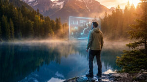 Un randonneur regarde un écran holographique affichant des données de voyage durable devant un lac de montagne.